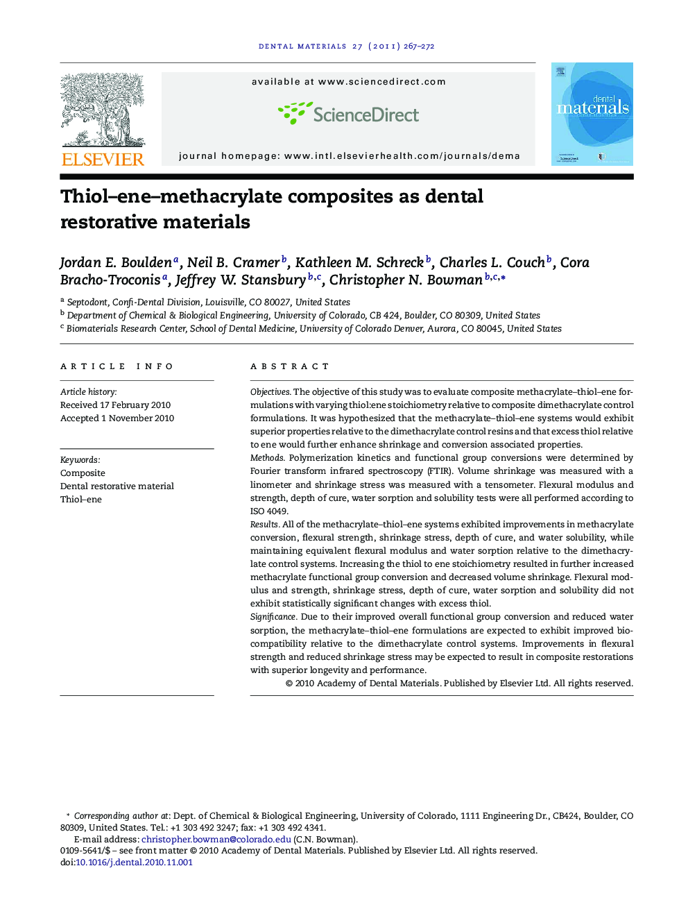 Thiol–ene–methacrylate composites as dental restorative materials