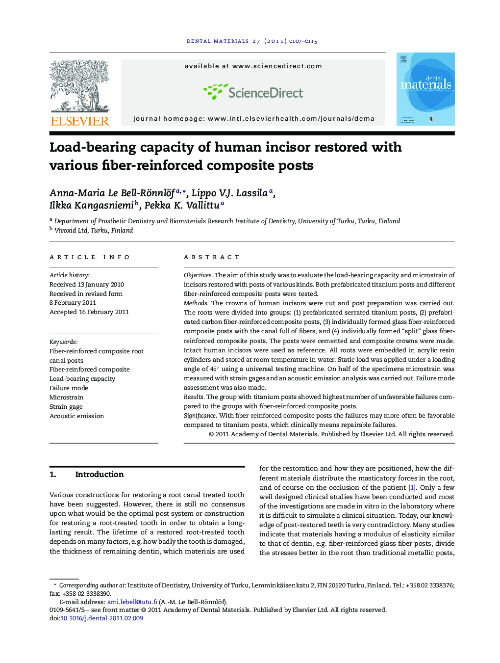 Load-bearing capacity of human incisor restored with various fiber-reinforced composite posts