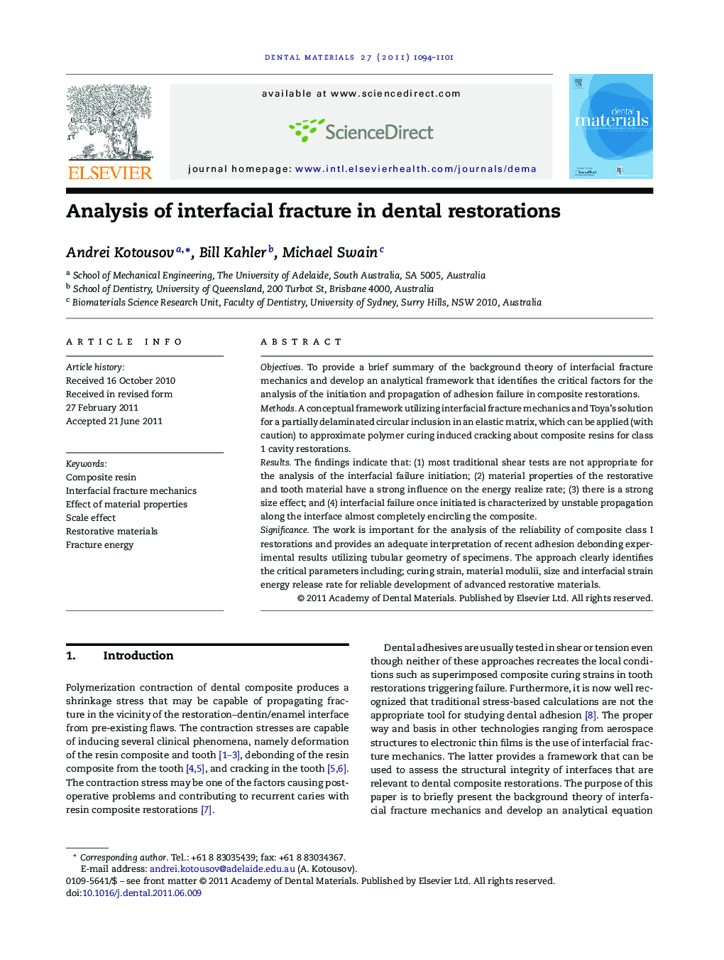 Analysis of interfacial fracture in dental restorations