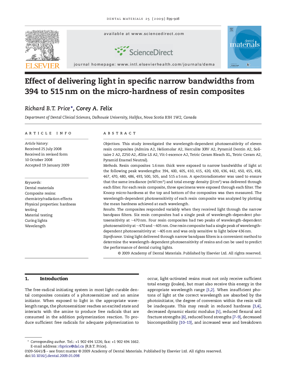 Effect of delivering light in specific narrow bandwidths from 394 to 515 nm on the micro-hardness of resin composites