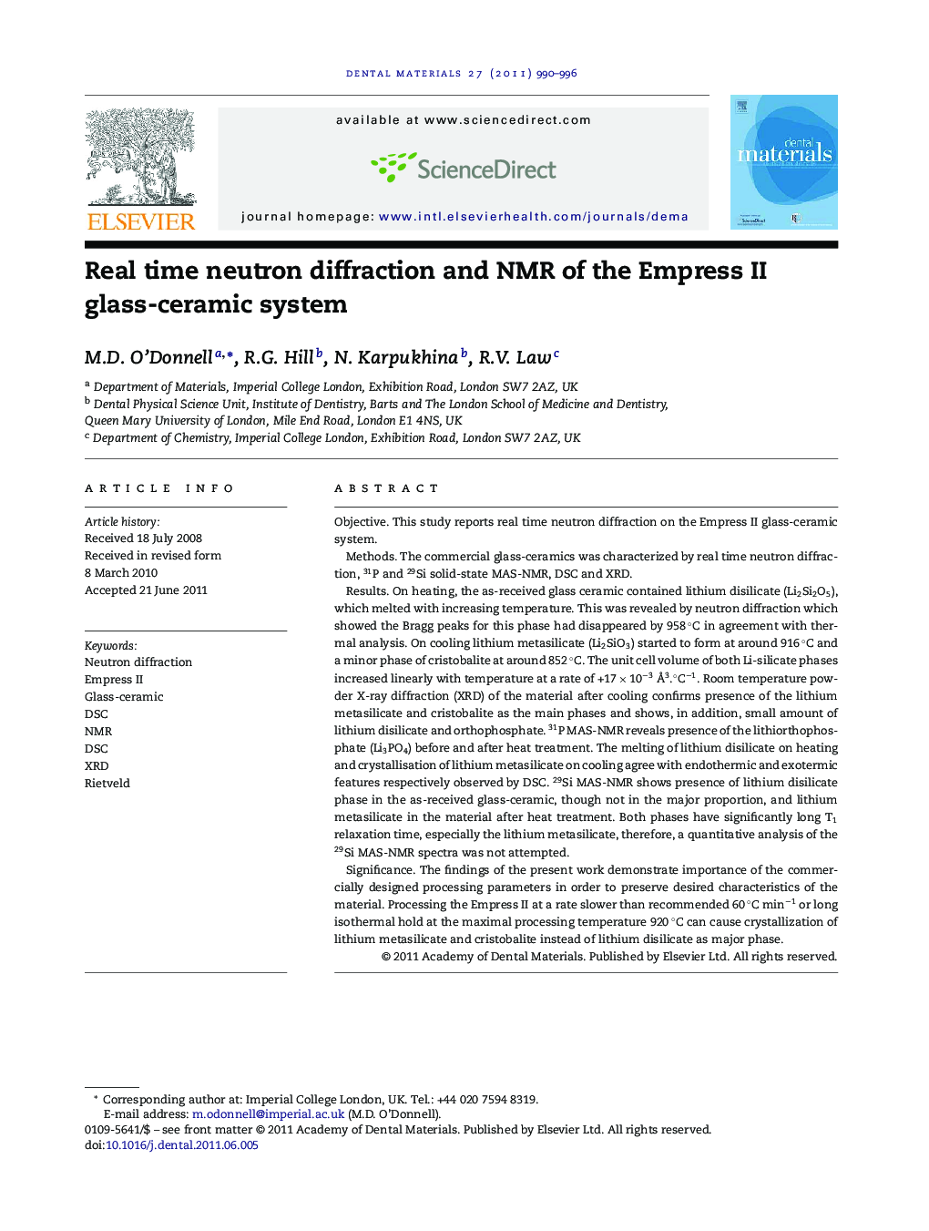 Real time neutron diffraction and NMR of the Empress II glass-ceramic system