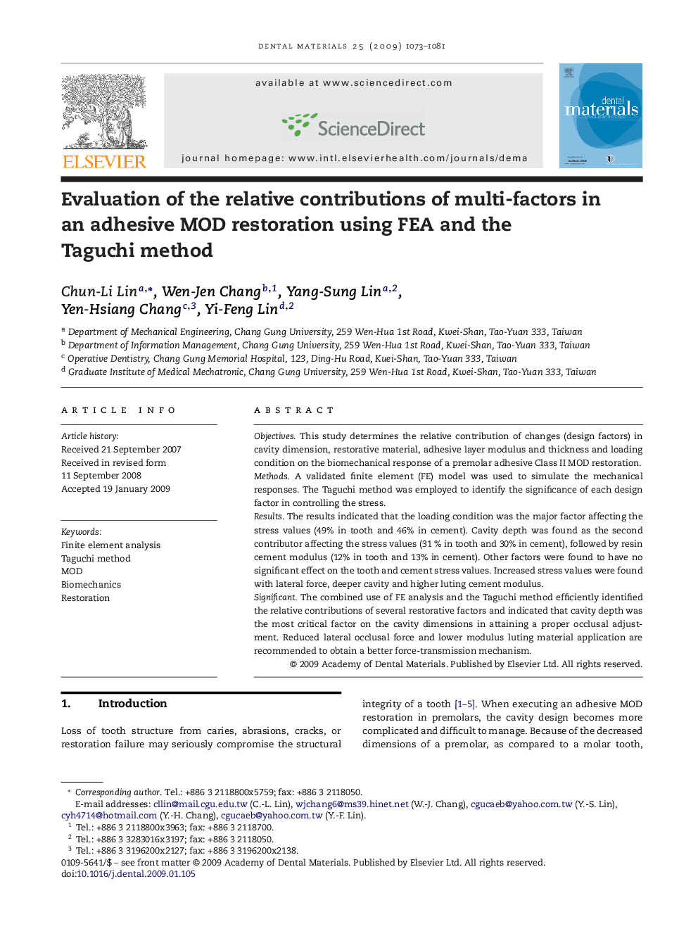 Evaluation of the relative contributions of multi-factors in an adhesive MOD restoration using FEA and the Taguchi method