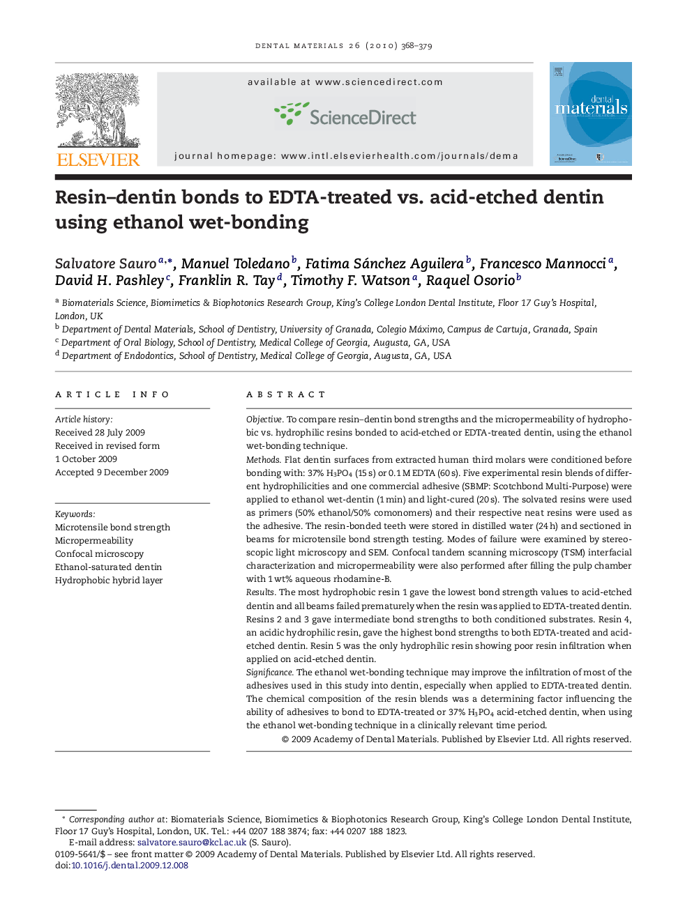 Resin–dentin bonds to EDTA-treated vs. acid-etched dentin using ethanol wet-bonding