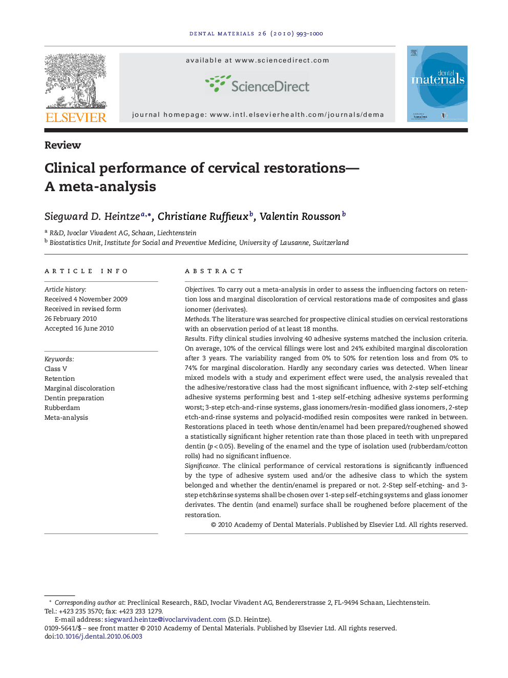 Clinical performance of cervical restorations—A meta-analysis