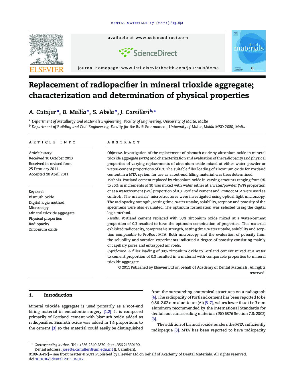 Replacement of radiopacifier in mineral trioxide aggregate; characterization and determination of physical properties