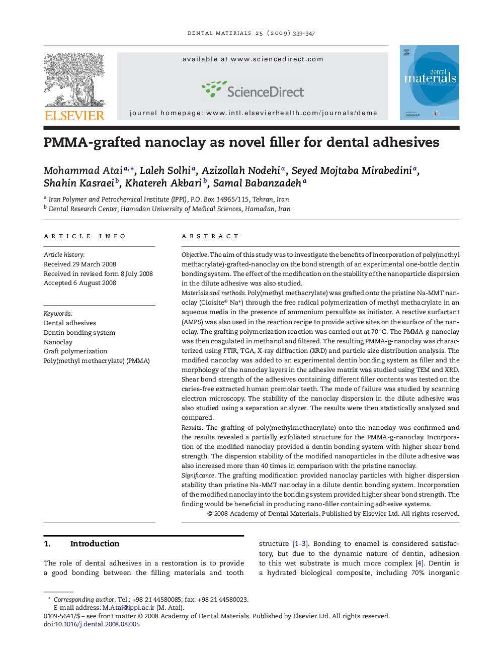 PMMA-grafted nanoclay as novel filler for dental adhesives