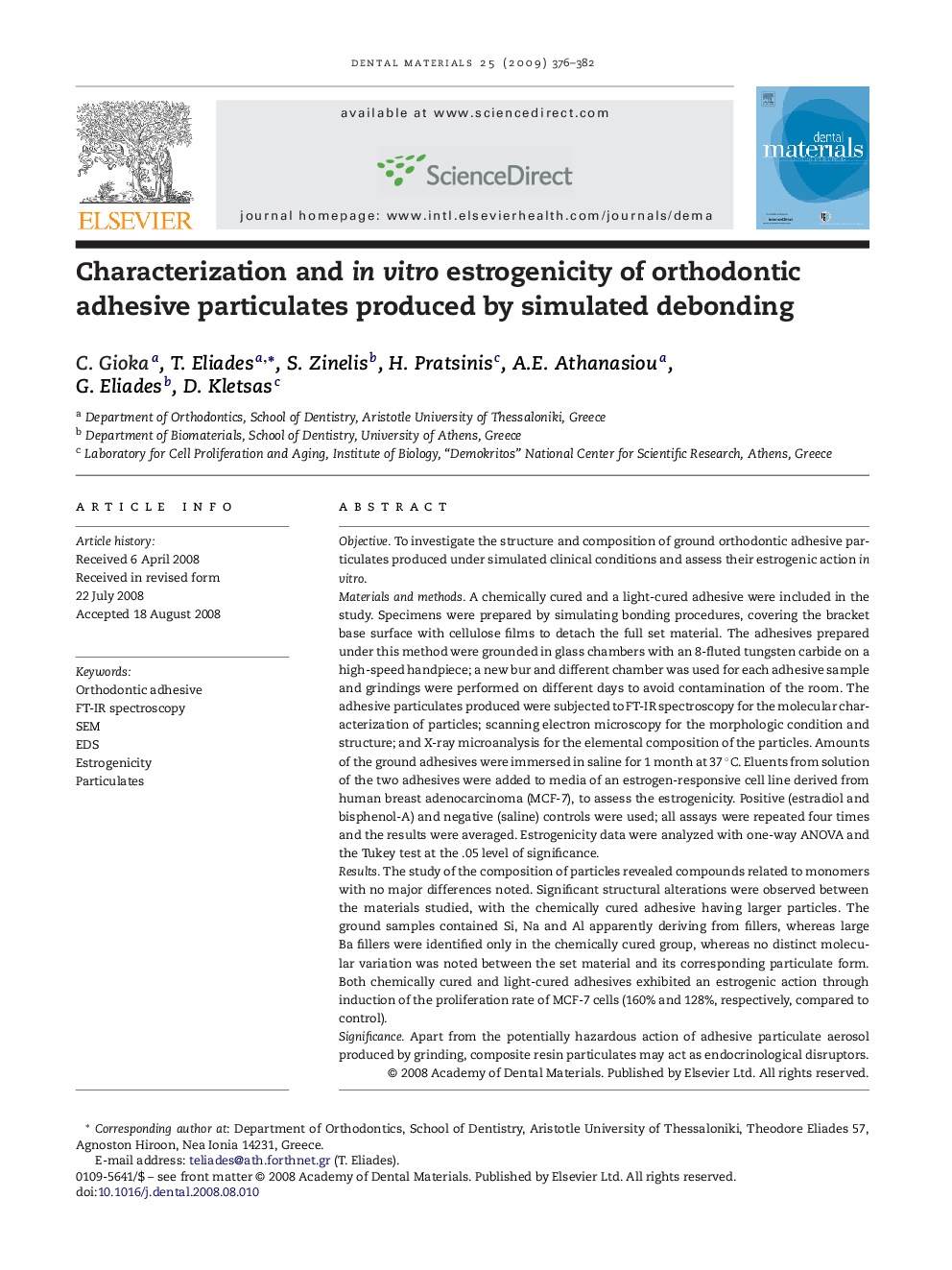 Characterization and in vitro estrogenicity of orthodontic adhesive particulates produced by simulated debonding