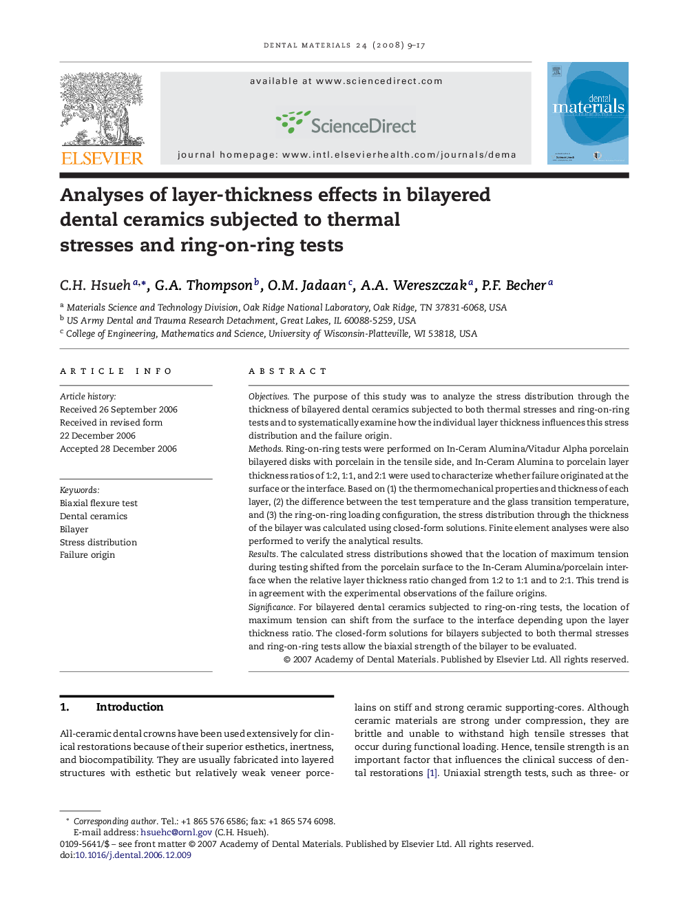 Analyses of layer-thickness effects in bilayered dental ceramics subjected to thermal stresses and ring-on-ring tests