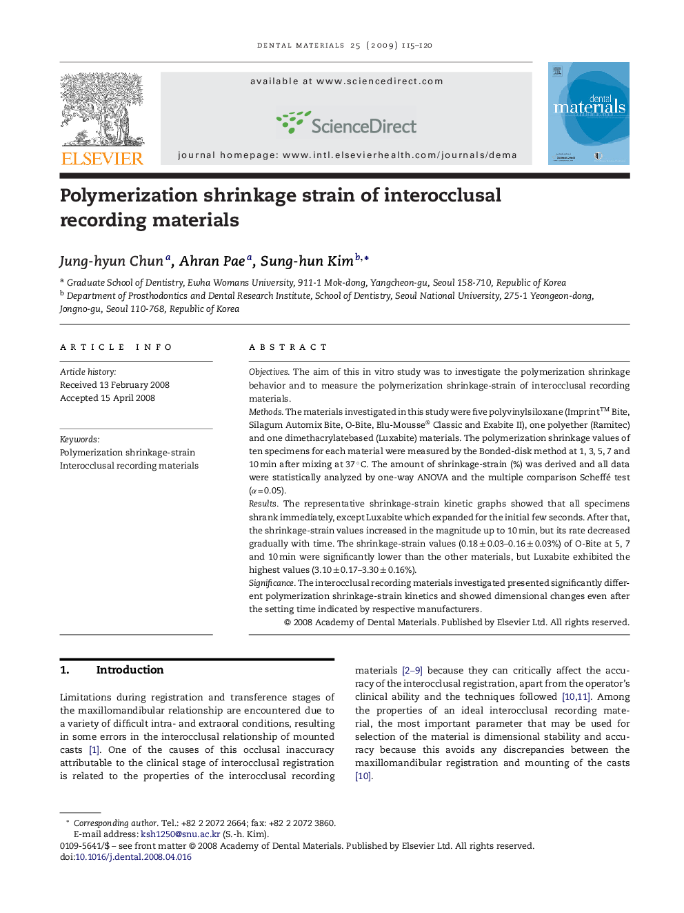 عکس صفحه اول مقاله: Polymerization shrinkage strain of interocclusal recording materials Polymerization shrinkage strain of interocclusal recording materials