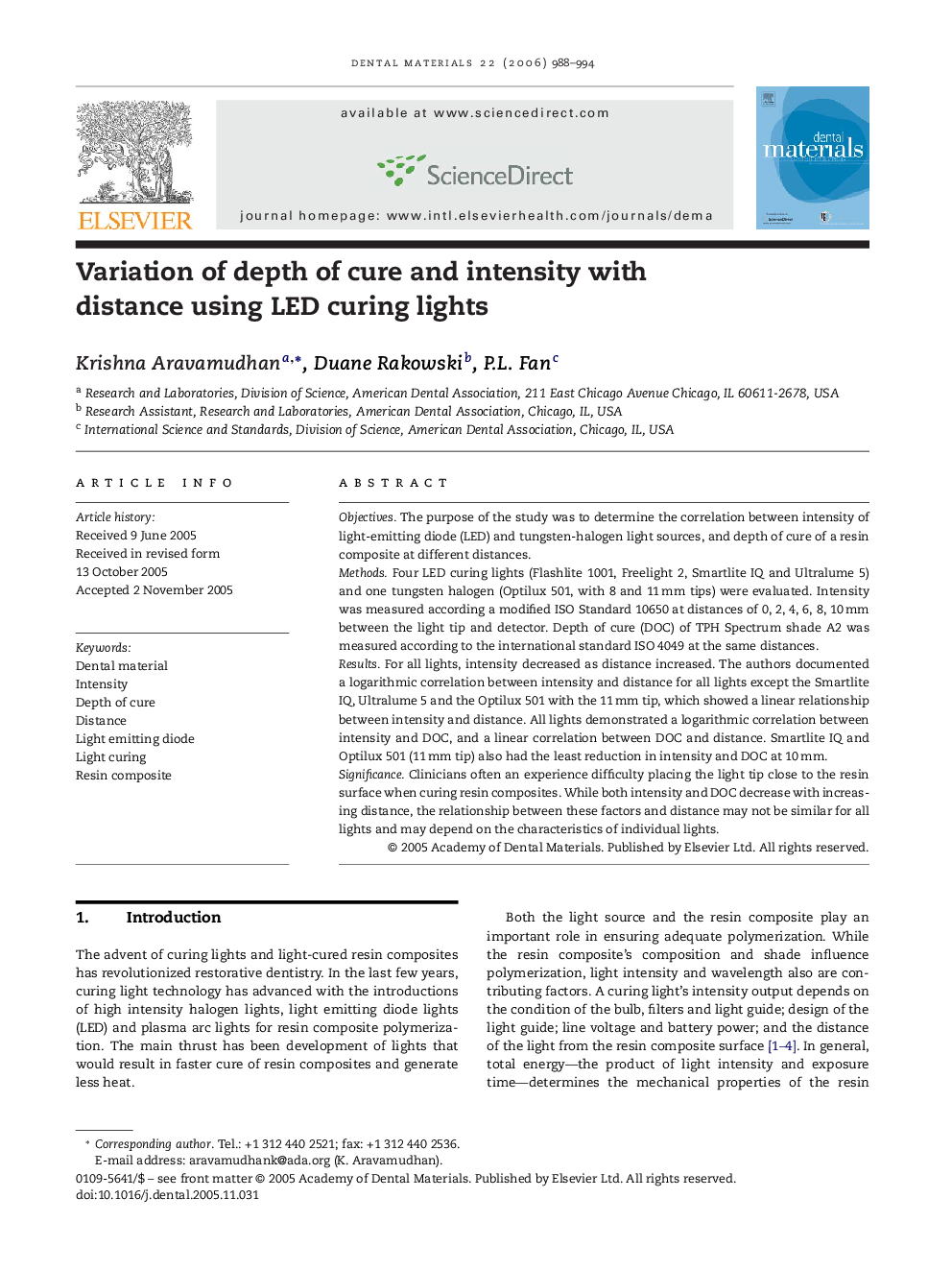 Variation of depth of cure and intensity with distance using LED curing lights