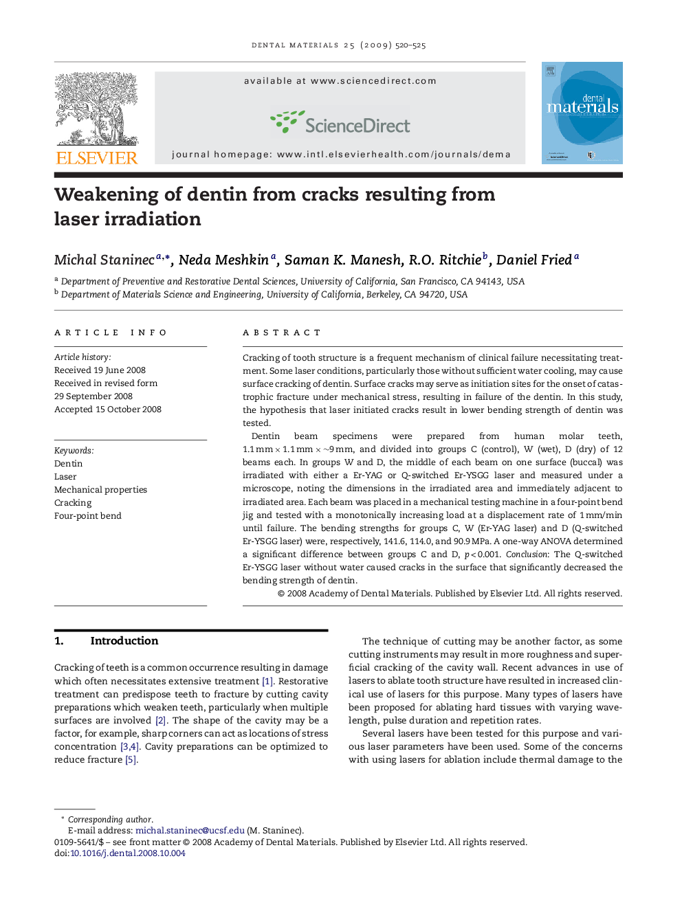 Weakening of dentin from cracks resulting from laser irradiation