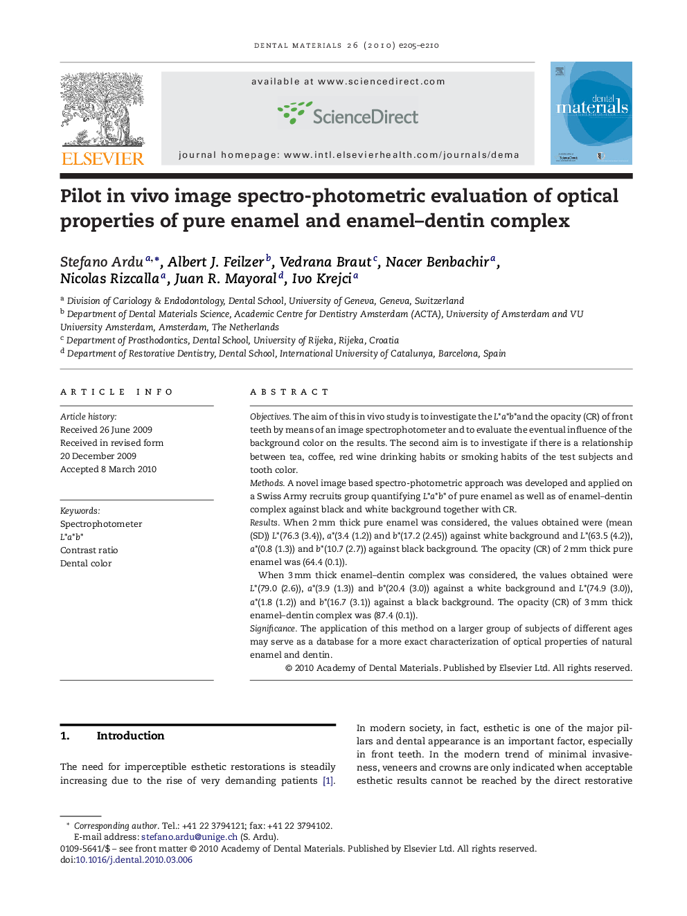 Pilot in vivo image spectro-photometric evaluation of optical properties of pure enamel and enamel-dentin complex