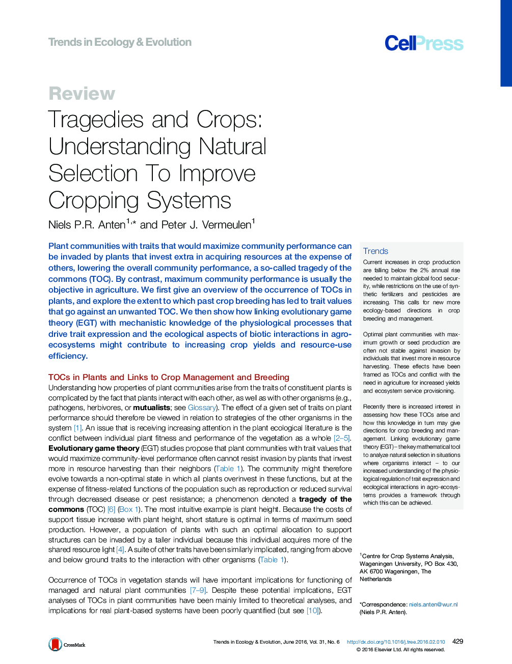 Tragedies and Crops: Understanding Natural Selection To Improve Cropping Systems