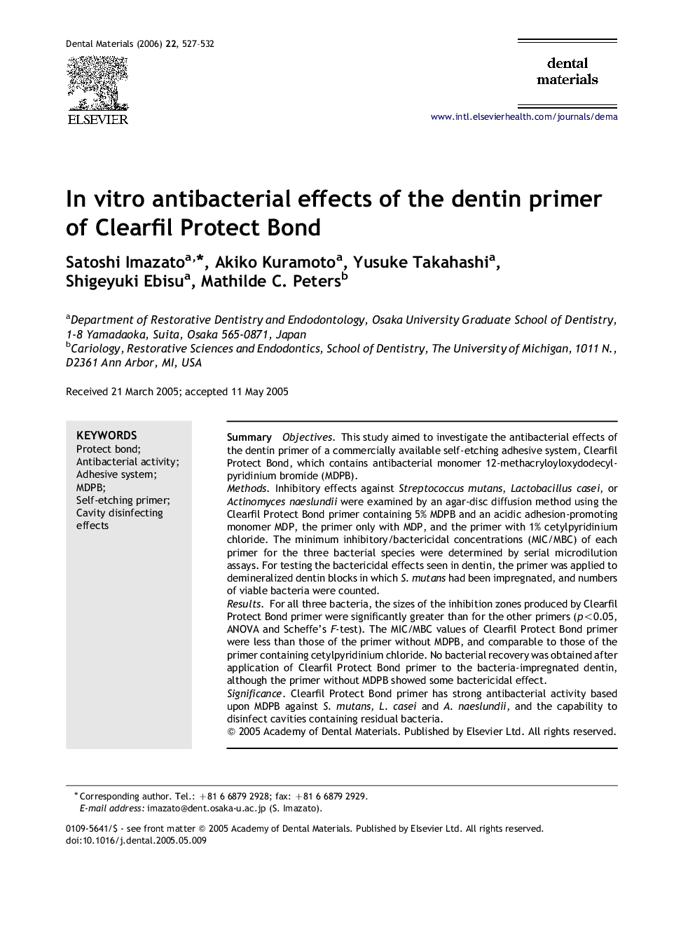 In vitro antibacterial effects of the dentin primer of Clearfil Protect Bond