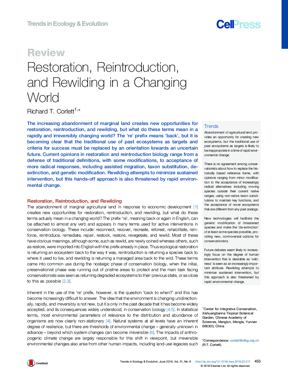 Restoration, Reintroduction, and Rewilding in a Changing World