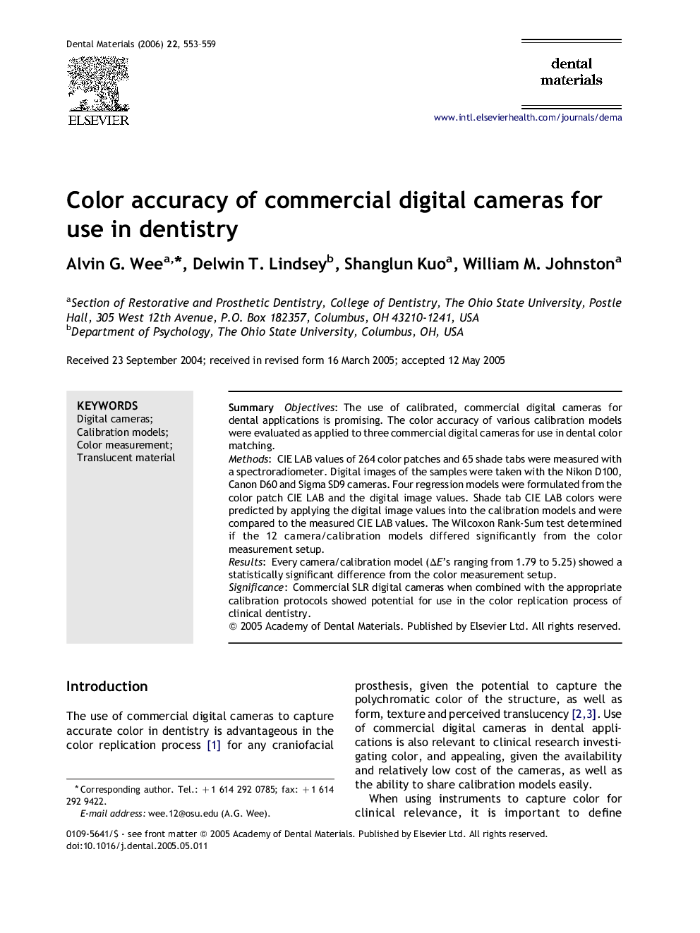 Color accuracy of commercial digital cameras for use in dentistry