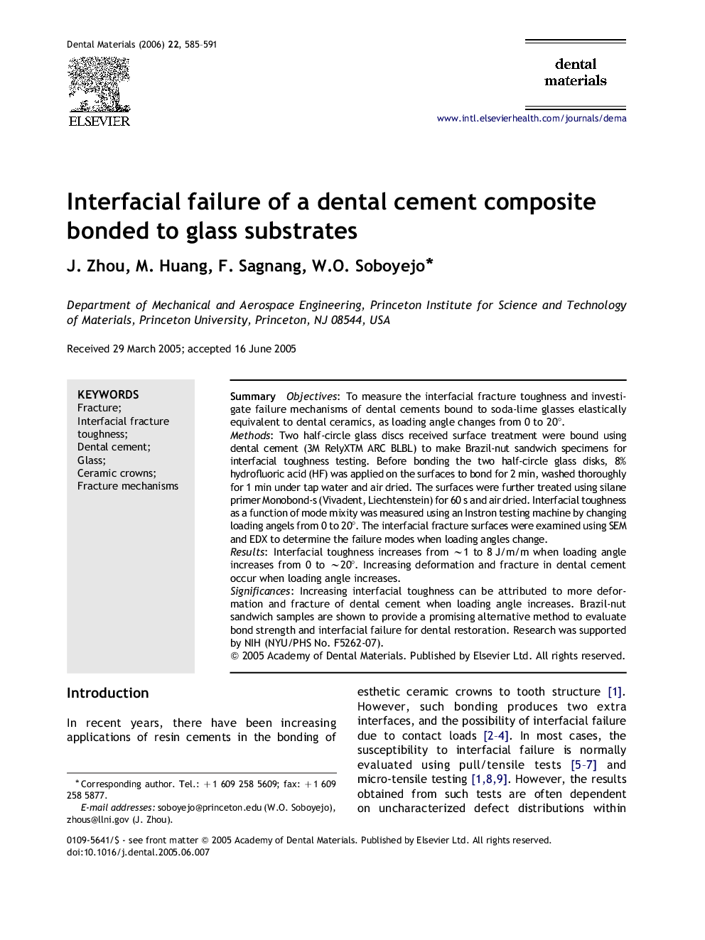 Interfacial failure of a dental cement composite bonded to glass substrates