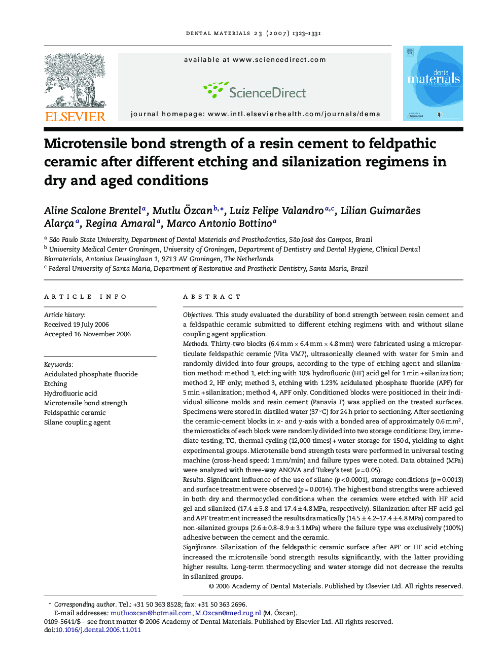 Microtensile bond strength of a resin cement to feldpathic ceramic after different etching and silanization regimens in dry and aged conditions