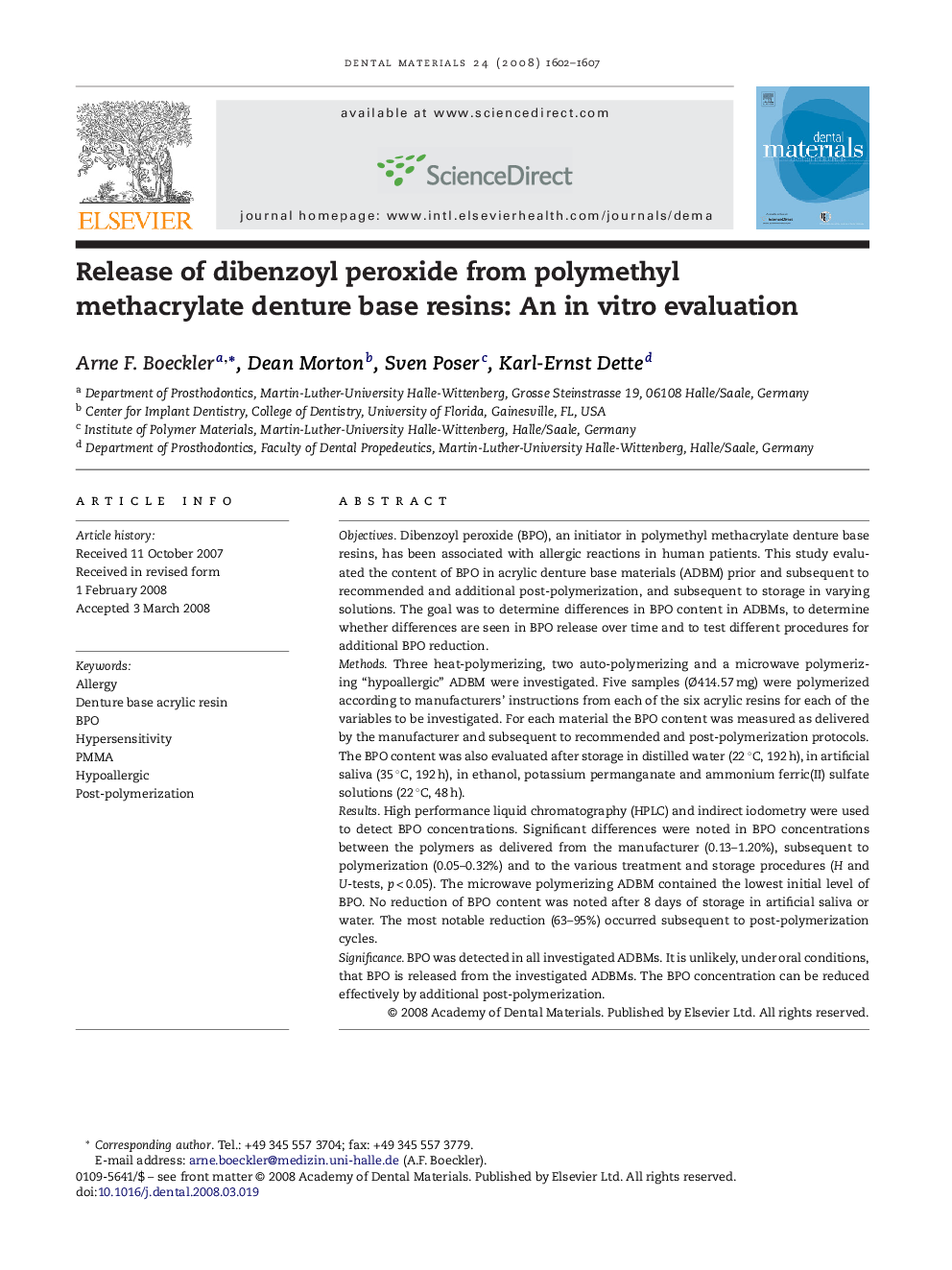 Release of dibenzoyl peroxide from polymethyl methacrylate denture base resins: An in vitro evaluation