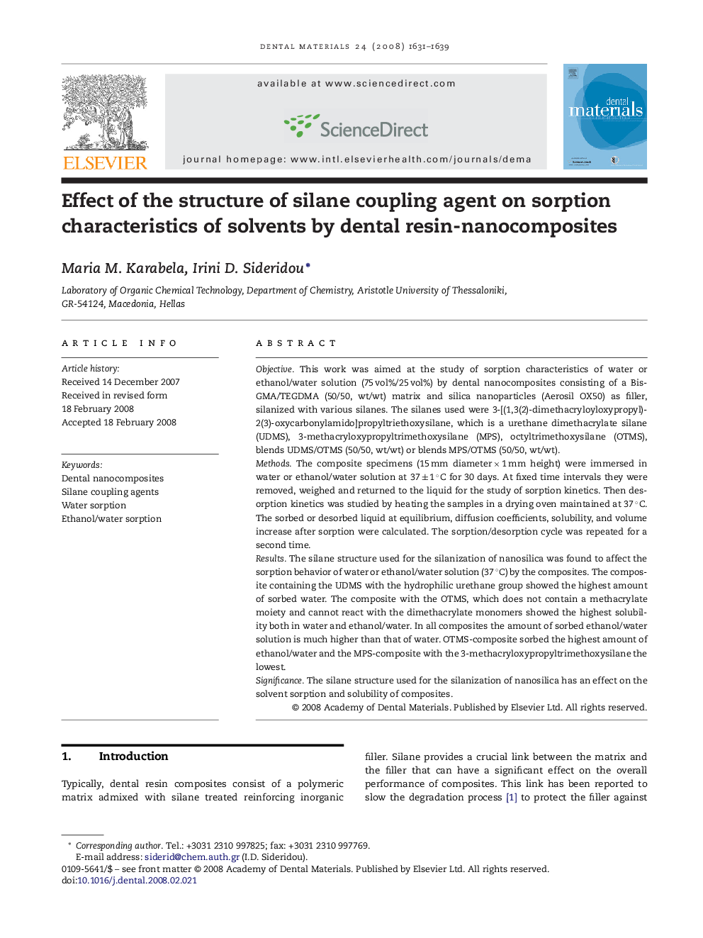 Effect of the structure of silane coupling agent on sorption characteristics of solvents by dental resin-nanocomposites