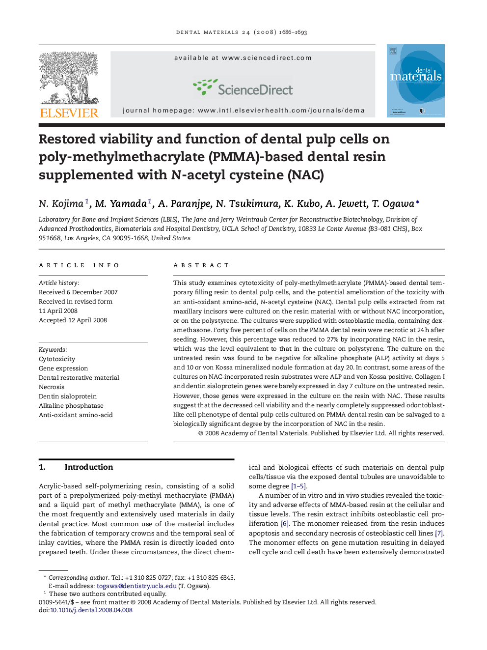 Restored viability and function of dental pulp cells on poly-methylmethacrylate (PMMA)-based dental resin supplemented with N-acetyl cysteine (NAC)