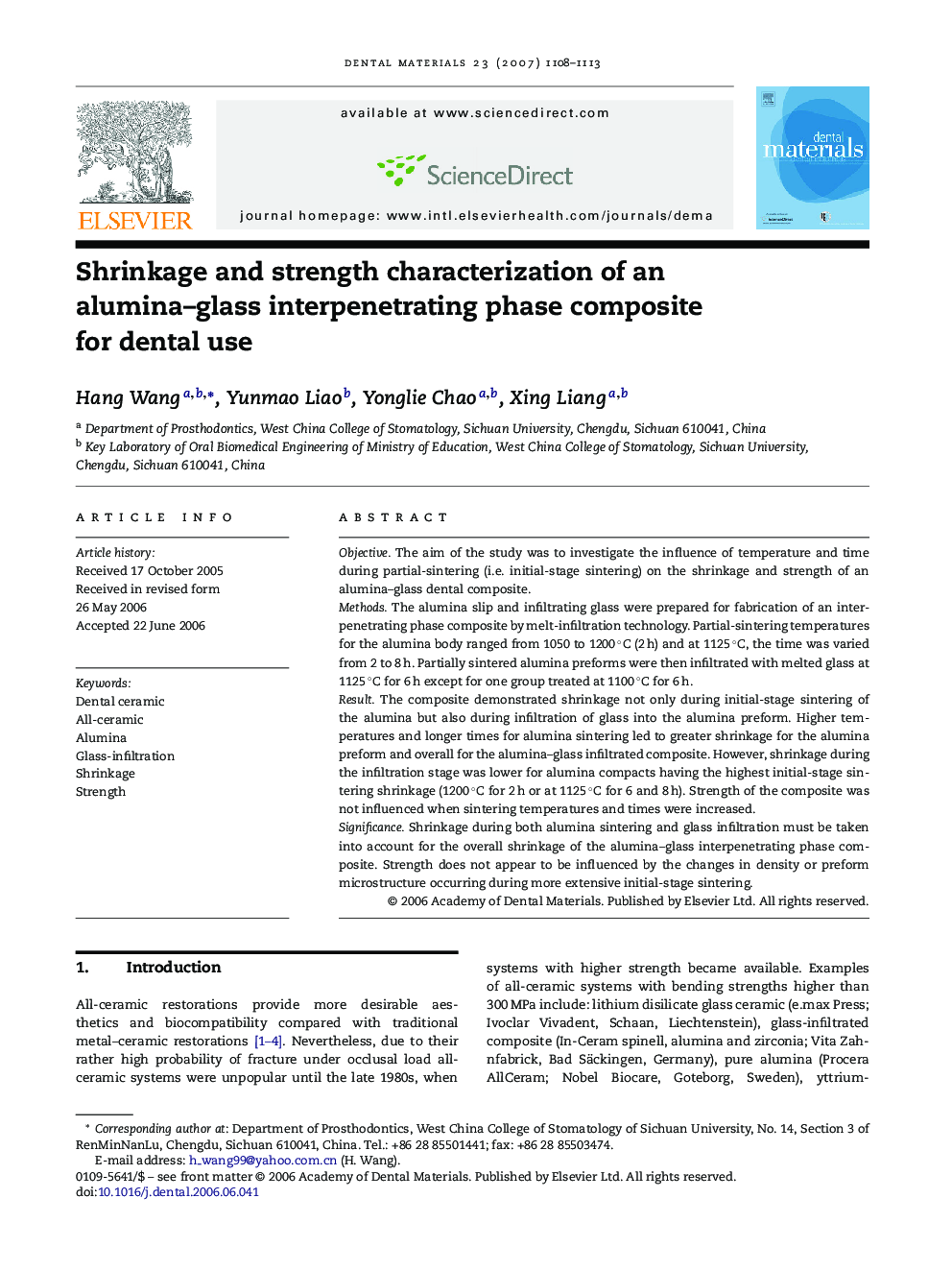 Shrinkage and strength characterization of an alumina–glass interpenetrating phase composite for dental use