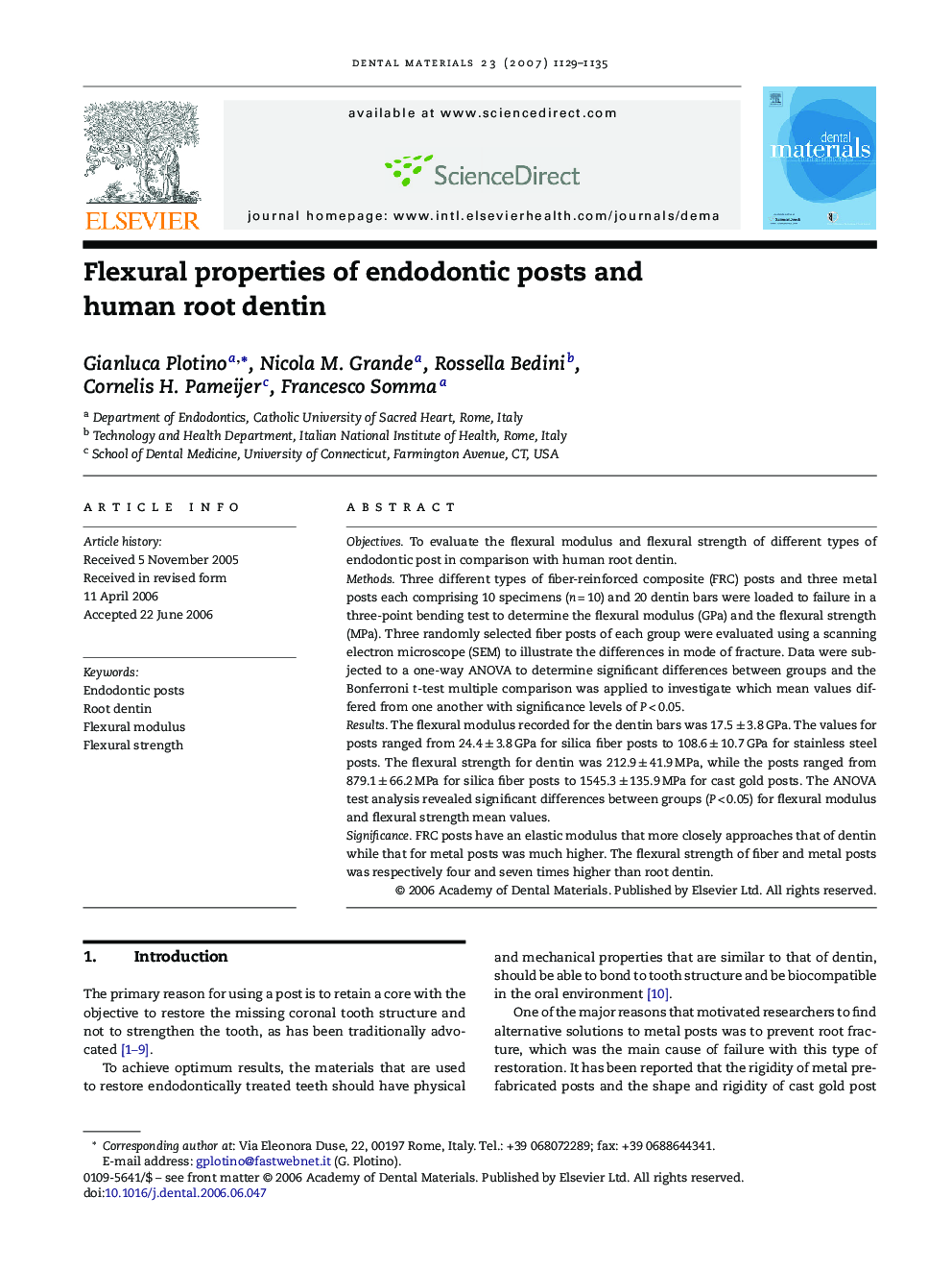 Flexural properties of endodontic posts and human root dentin