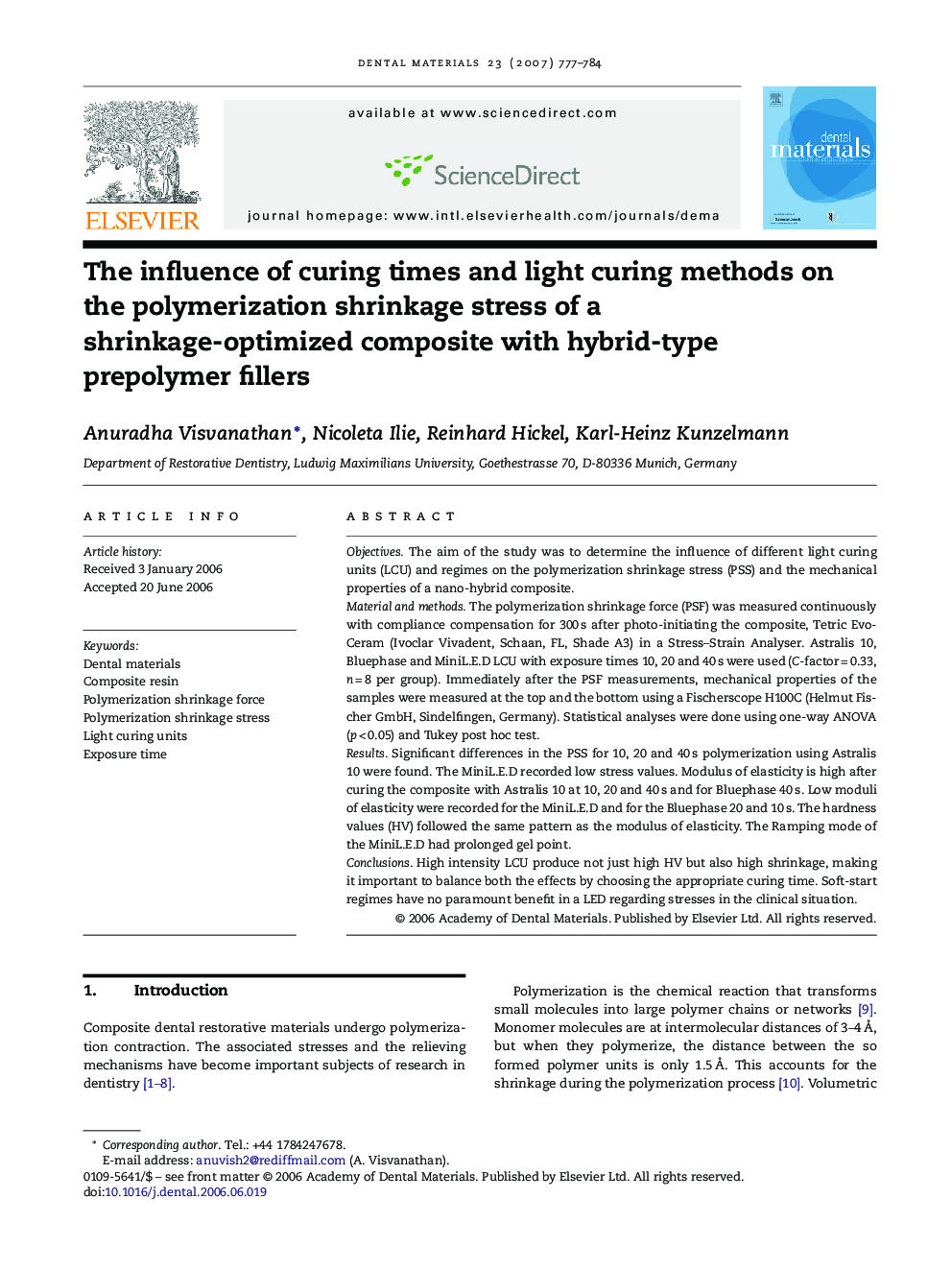 The influence of curing times and light curing methods on the polymerization shrinkage stress of a shrinkage-optimized composite with hybrid-type prepolymer fillers