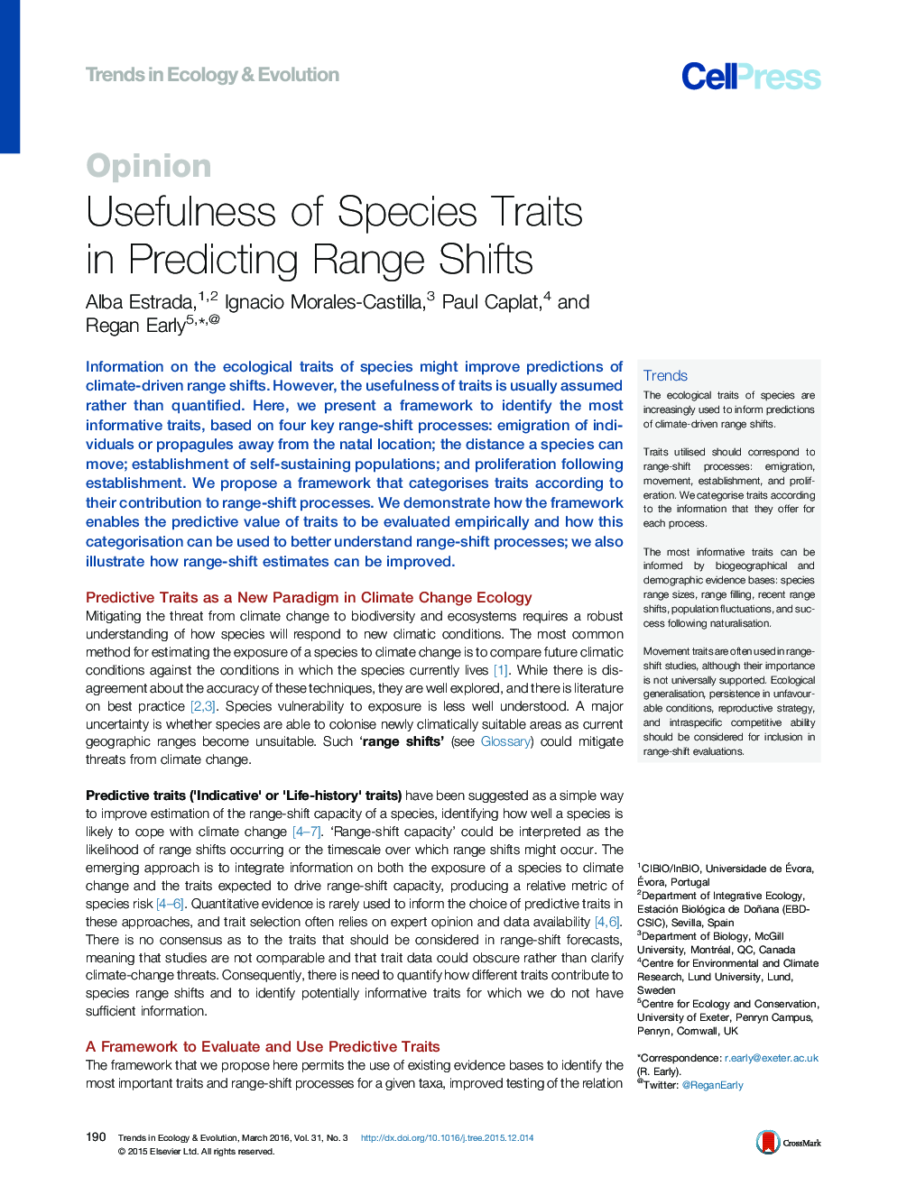 Usefulness of Species Traits in Predicting Range Shifts