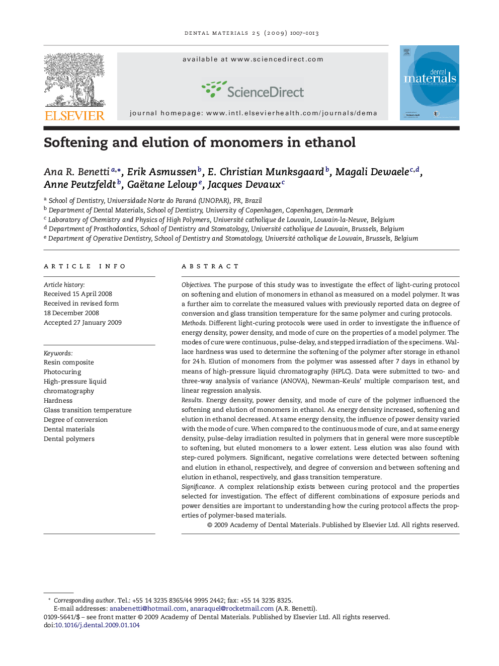 Softening and elution of monomers in ethanol