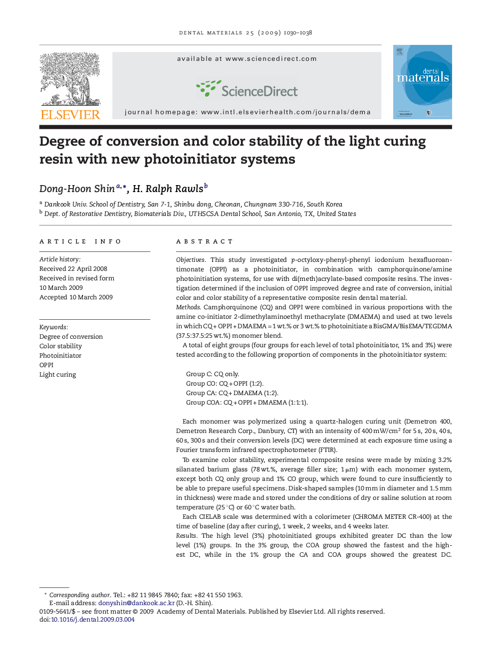 Degree of conversion and color stability of the light curing resin with new photoinitiator systems