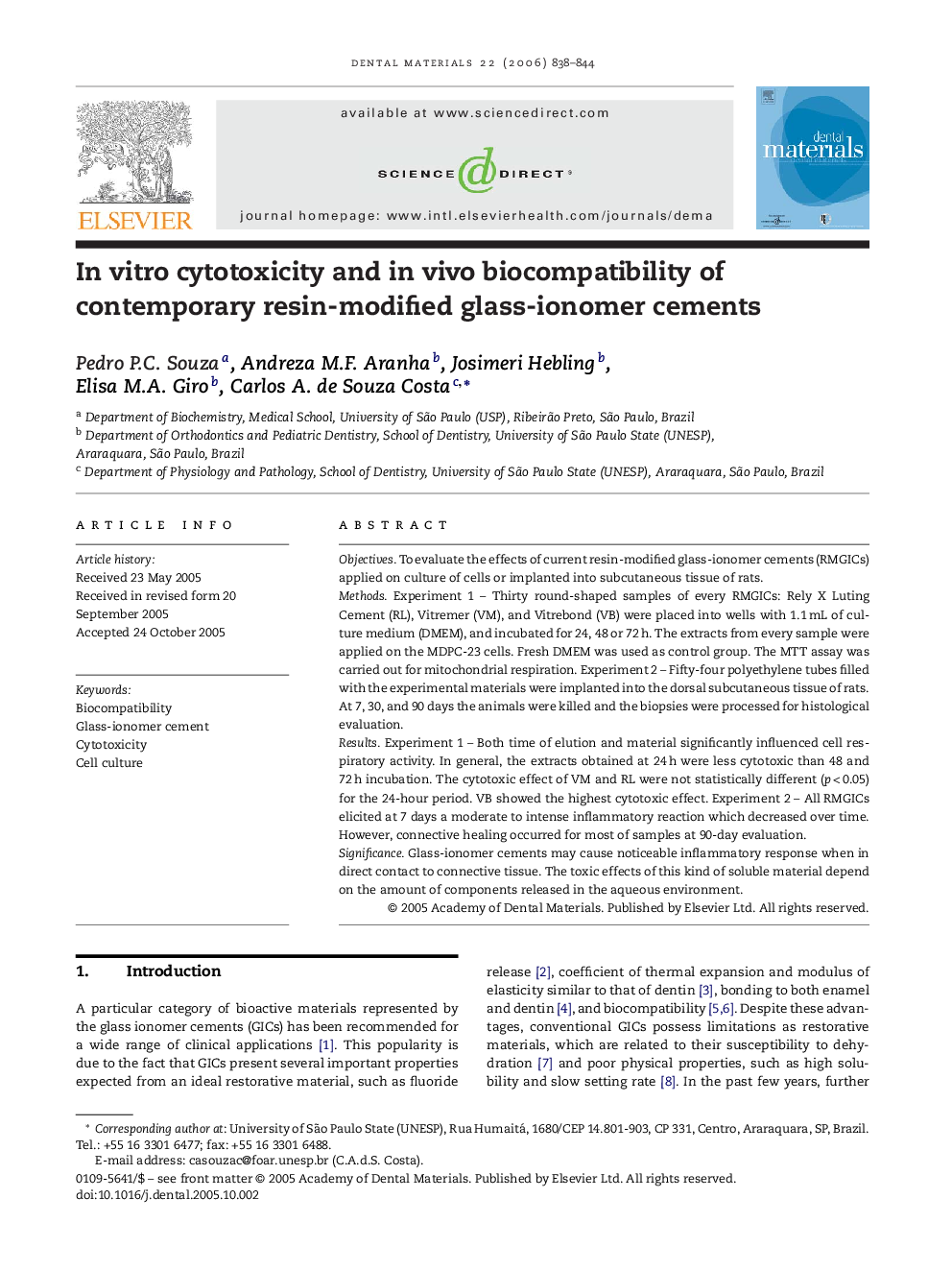 In vitro cytotoxicity and in vivo biocompatibility of contemporary resin-modified glass-ionomer cements