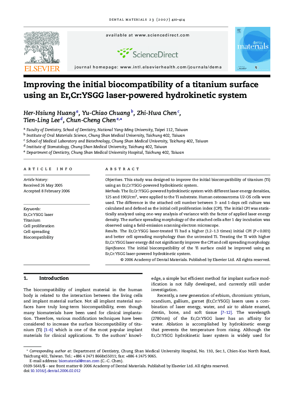 Improving the initial biocompatibility of a titanium surface using an Er,Cr:YSGG laser-powered hydrokinetic system