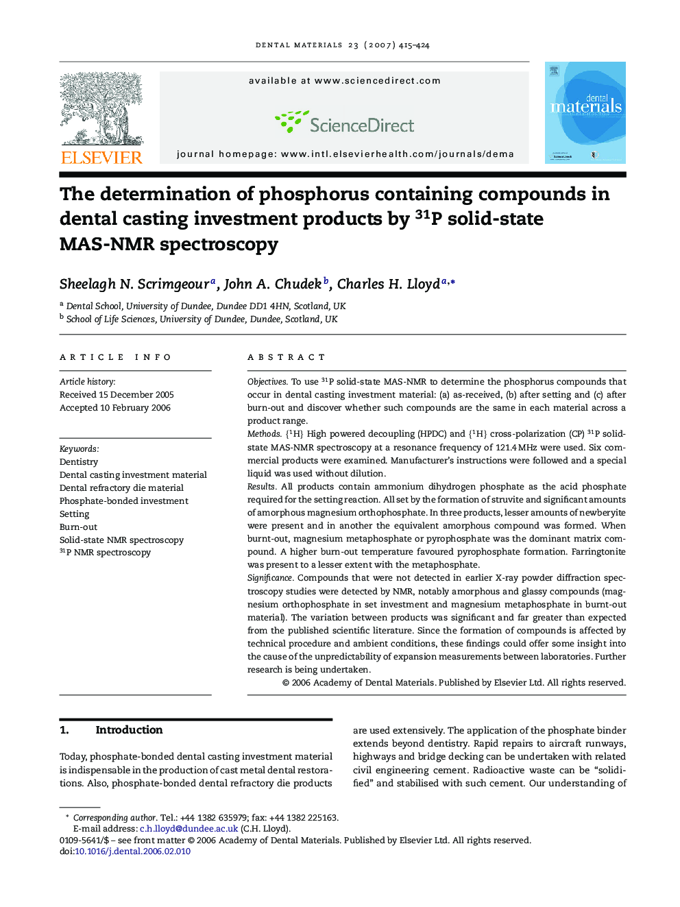 The determination of phosphorus containing compounds in dental casting investment products by 31P solid-state MAS-NMR spectroscopy