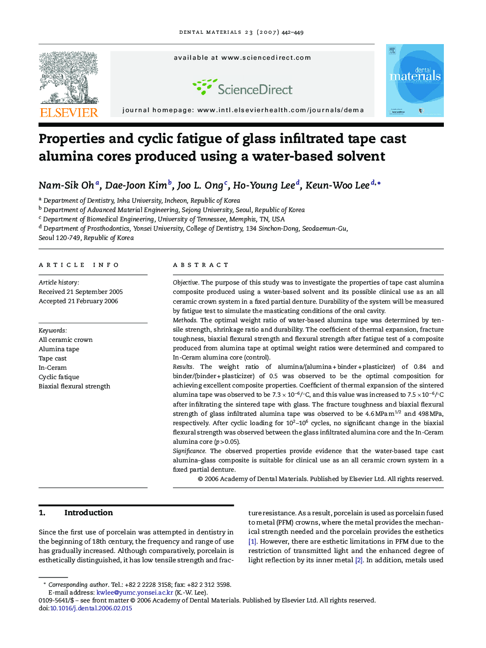 Properties and cyclic fatigue of glass infiltrated tape cast alumina cores produced using a water-based solvent