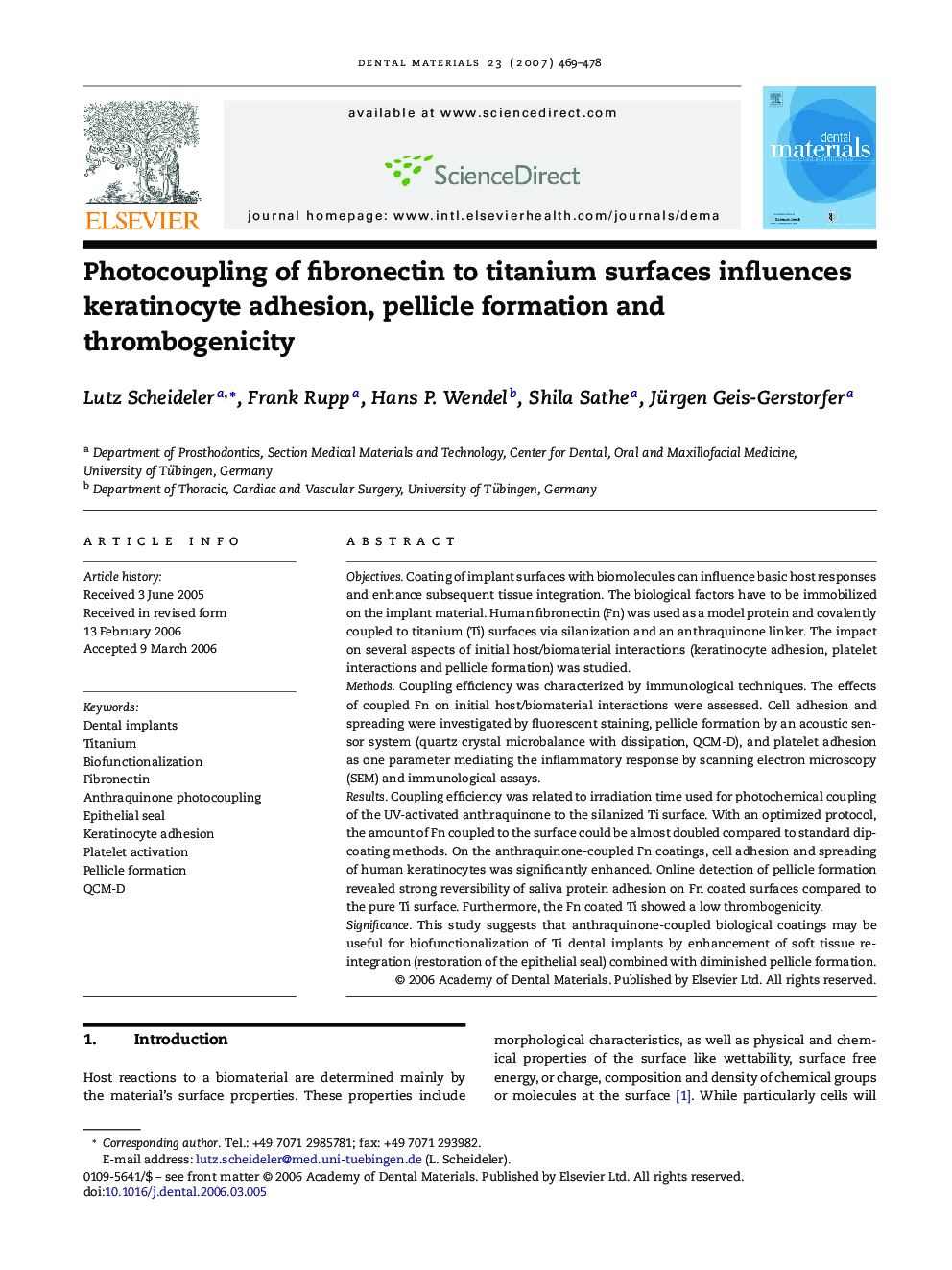 Photocoupling of fibronectin to titanium surfaces influences keratinocyte adhesion, pellicle formation and thrombogenicity