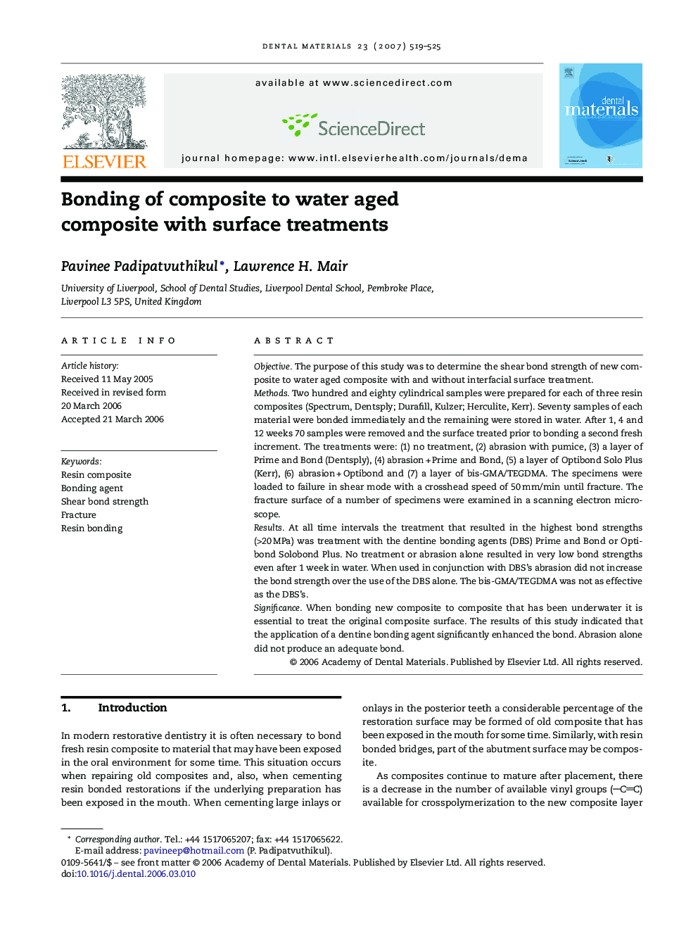 عکس صفحه اول مقاله: Bonding of composite to water aged composite with surface treatments Bonding of composite to water aged composite with surface treatments