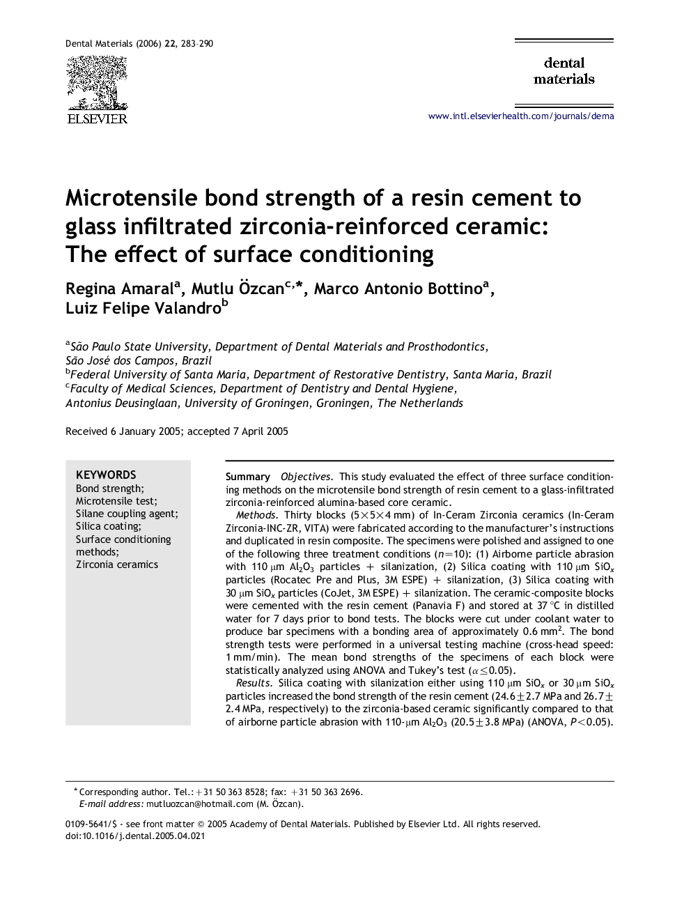 Microtensile bond strength of a resin cement to glass infiltrated zirconia-reinforced ceramic: The effect of surface conditioning