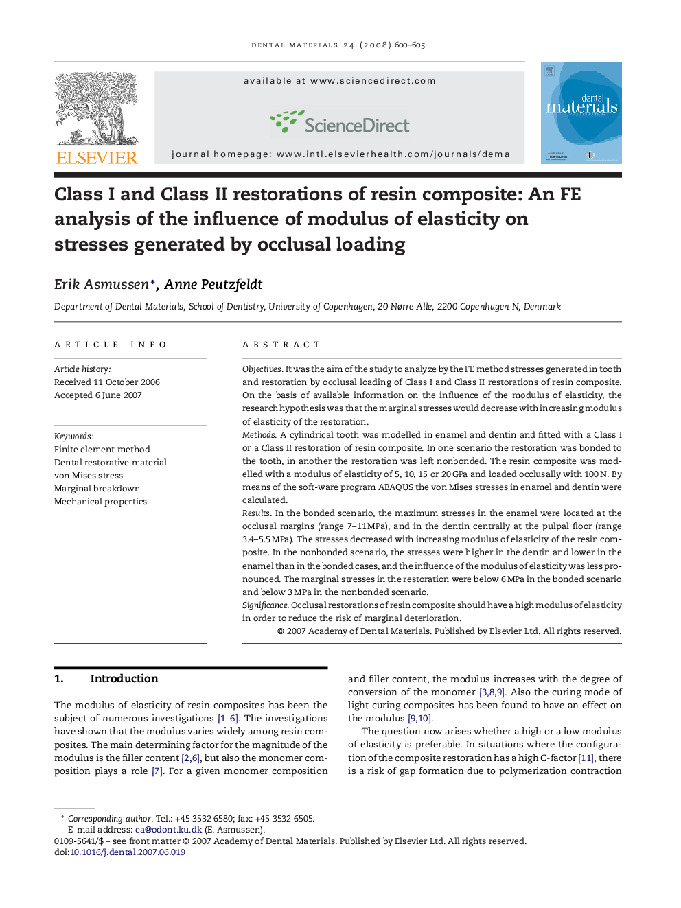 Class I and Class II restorations of resin composite: An FE analysis of the influence of modulus of elasticity on stresses generated by occlusal loading