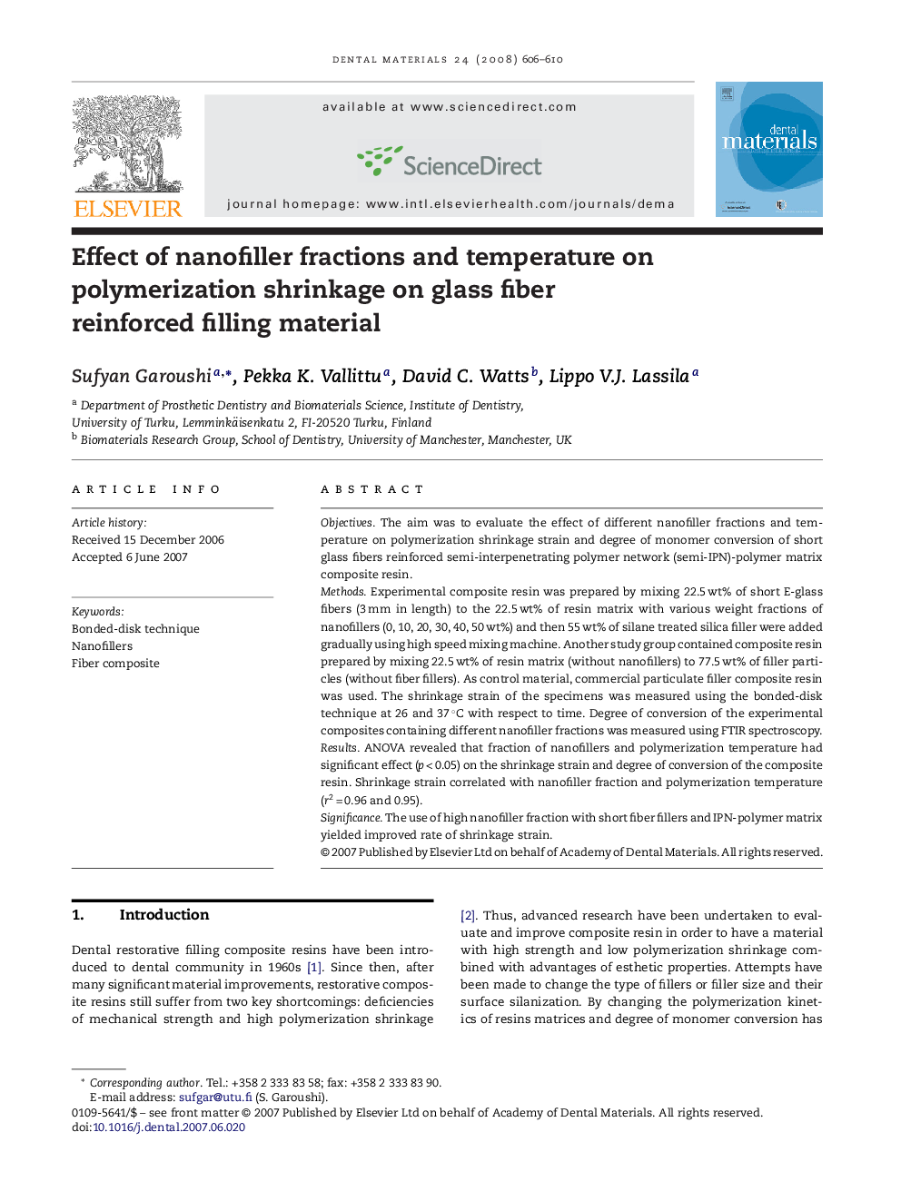 Effect of nanofiller fractions and temperature on polymerization shrinkage on glass fiber reinforced filling material