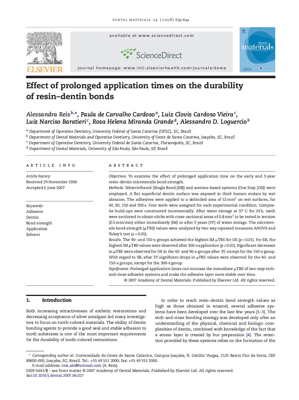 Effect of prolonged application times on the durability of resin–dentin bonds