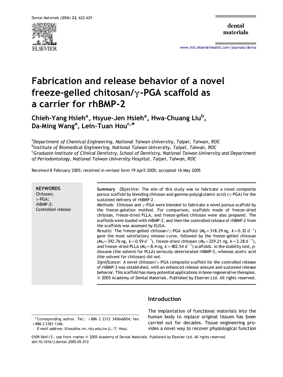 Fabrication and release behavior of a novel freeze-gelled chitosan/γ-PGA scaffold as a carrier for rhBMP-2