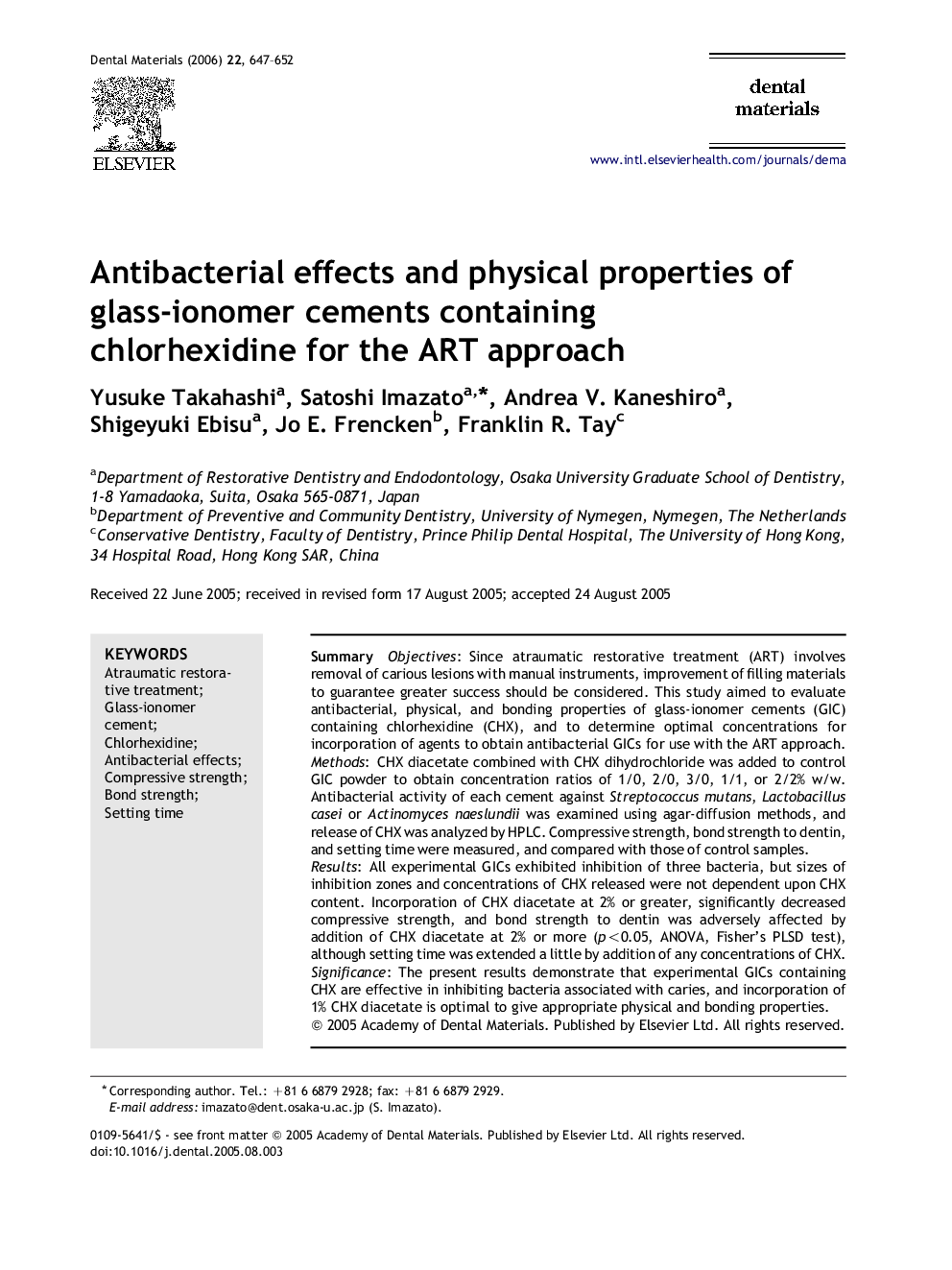 Antibacterial effects and physical properties of glass-ionomer cements containing chlorhexidine for the ART approach