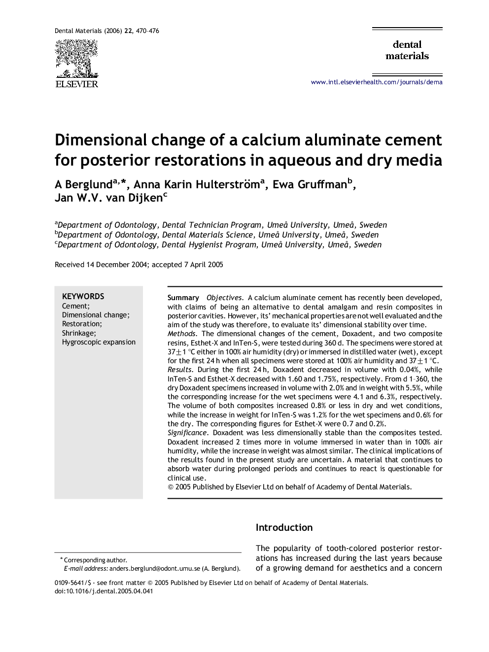 Dimensional change of a calcium aluminate cement for posterior restorations in aqueous and dry media