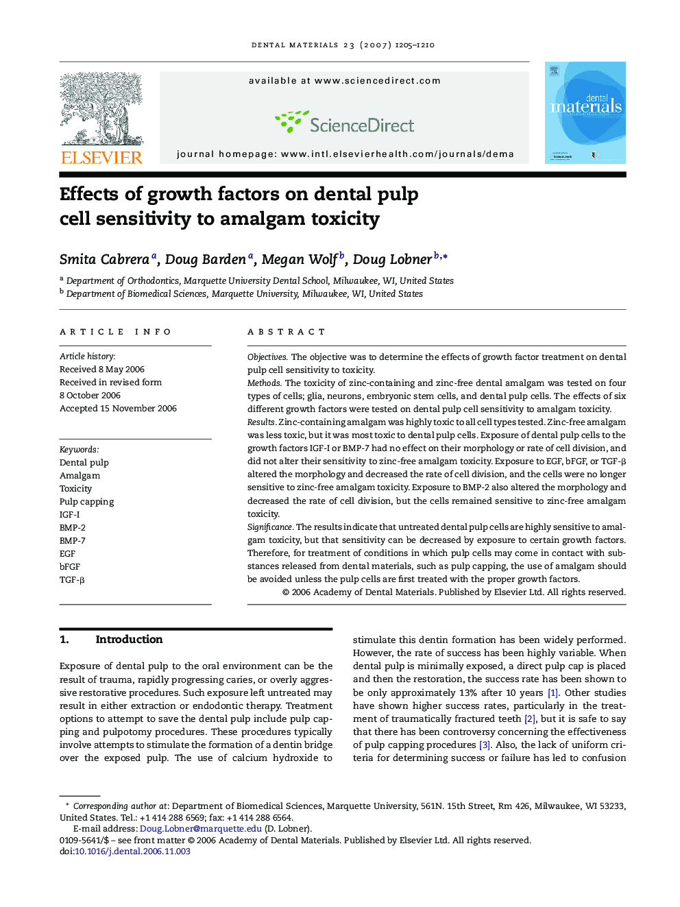 Effects of growth factors on dental pulp cell sensitivity to amalgam toxicity