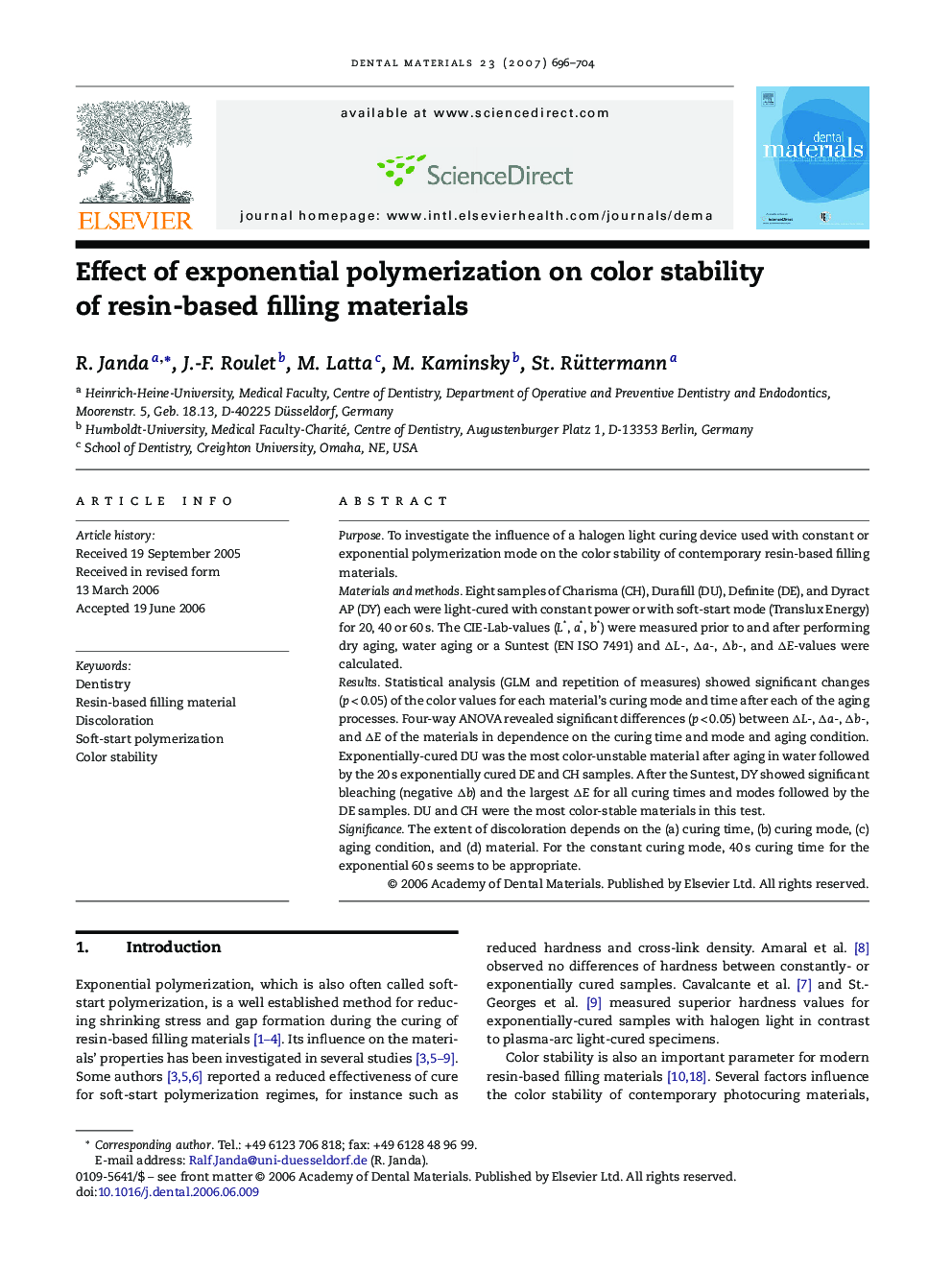 Effect of exponential polymerization on color stability of resin-based filling materials