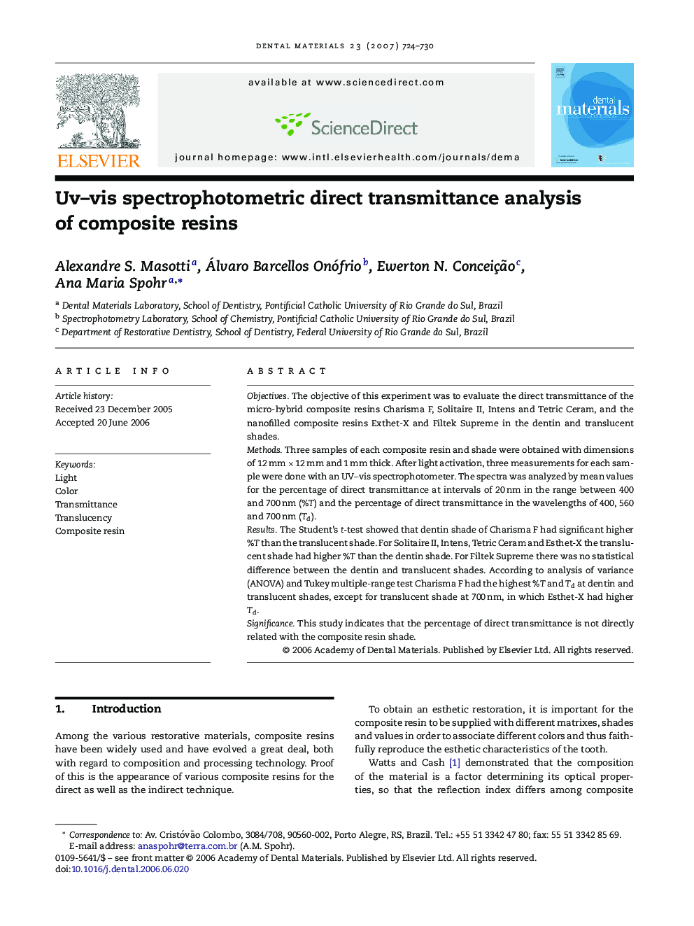 Uv–vis spectrophotometric direct transmittance analysis of composite resins