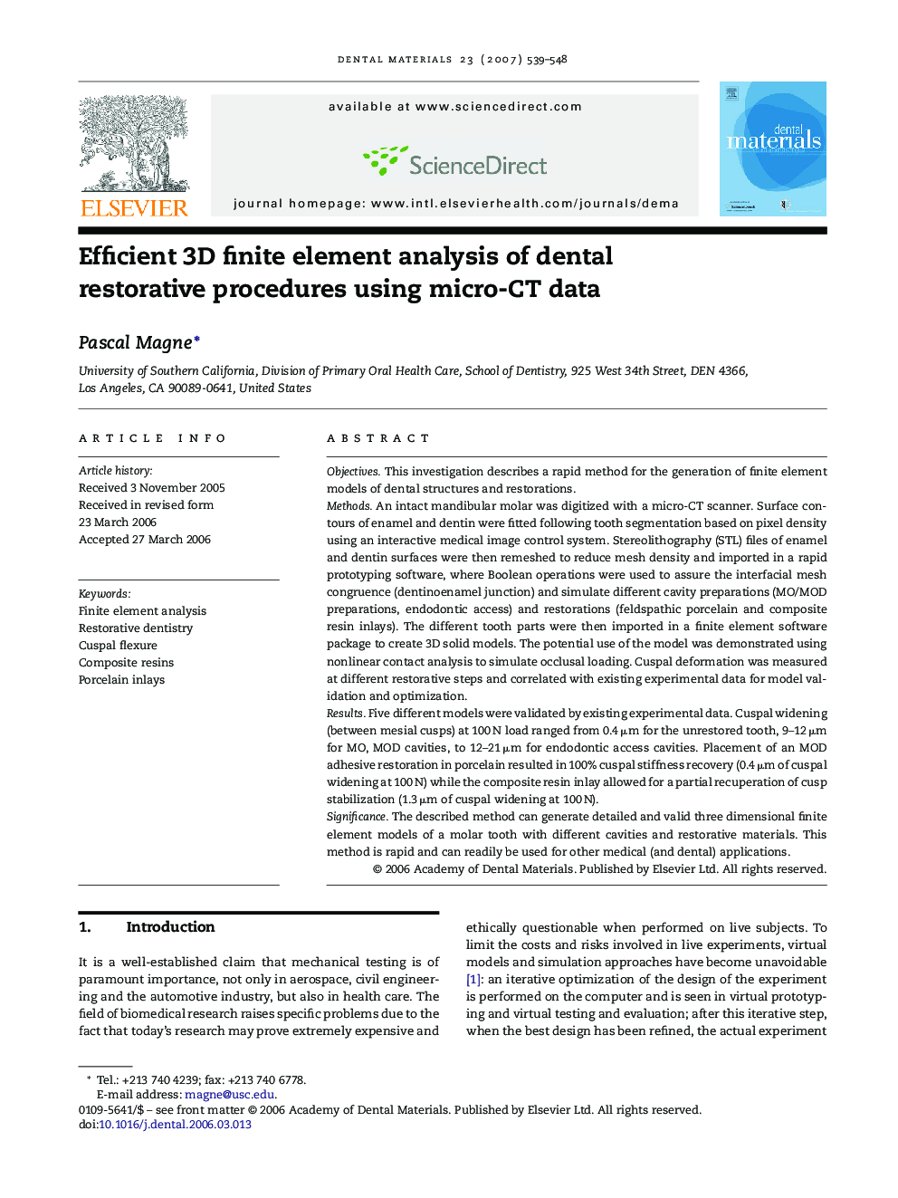 Efficient 3D finite element analysis of dental restorative procedures using micro-CT data