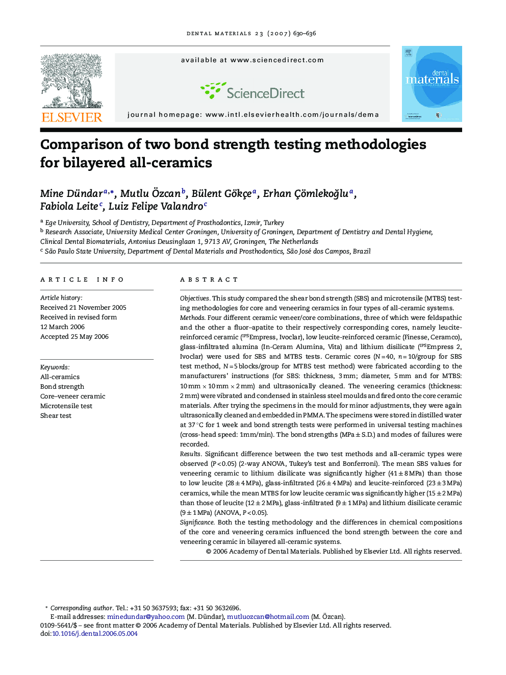 Comparison of two bond strength testing methodologies for bilayered all-ceramics