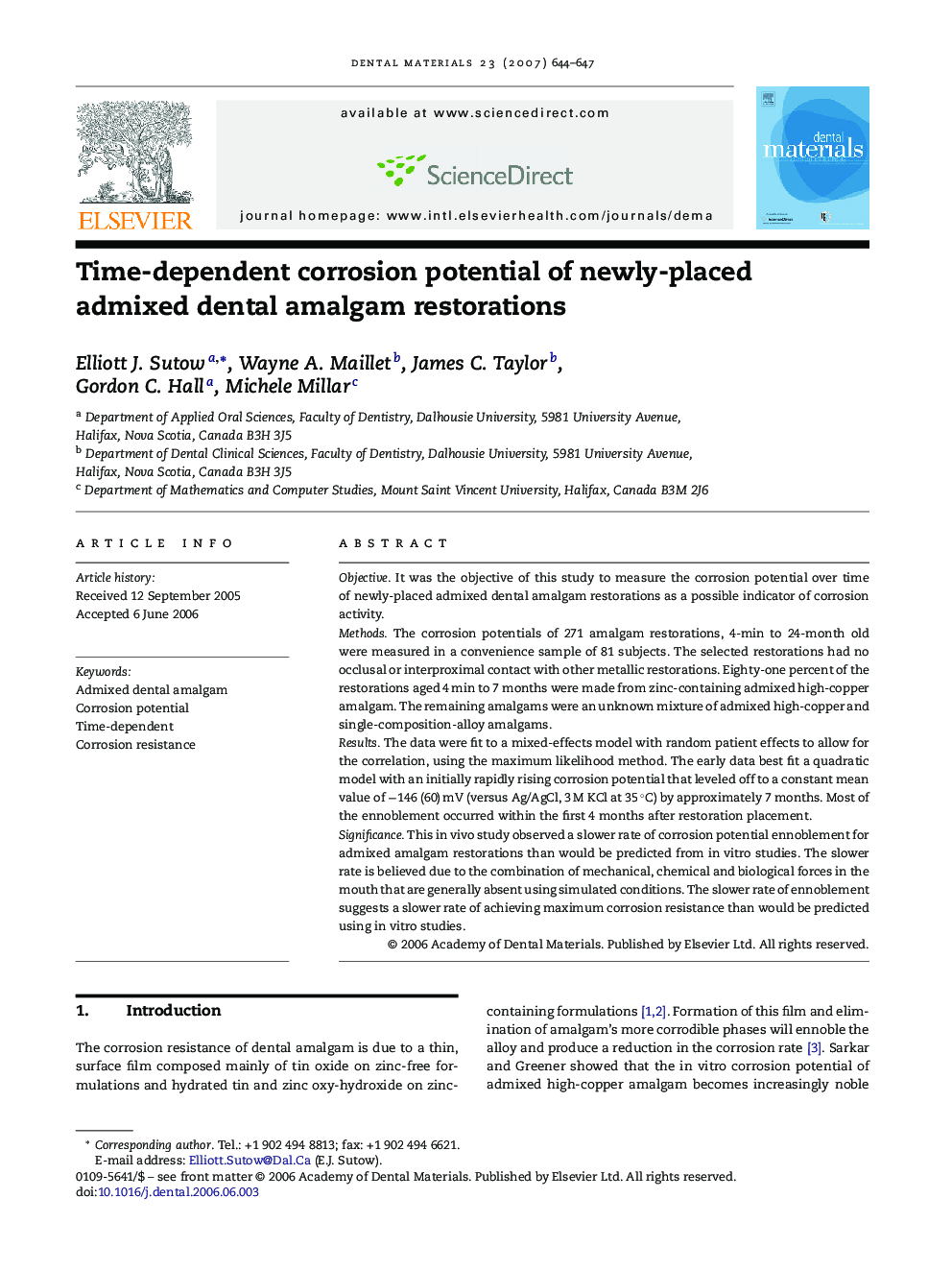 Time-dependent corrosion potential of newly-placed admixed dental amalgam restorations